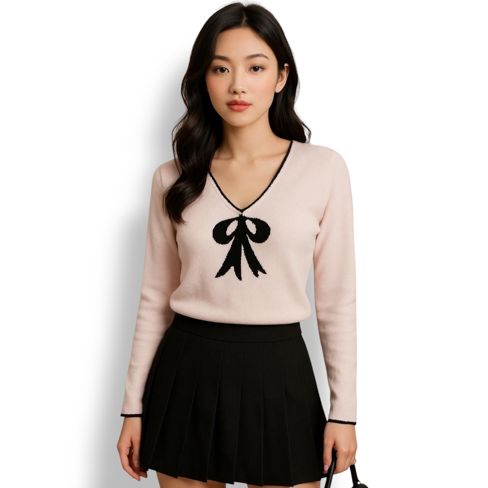 Ladylike Pink V-Neck Sweater with Black Bow Accent